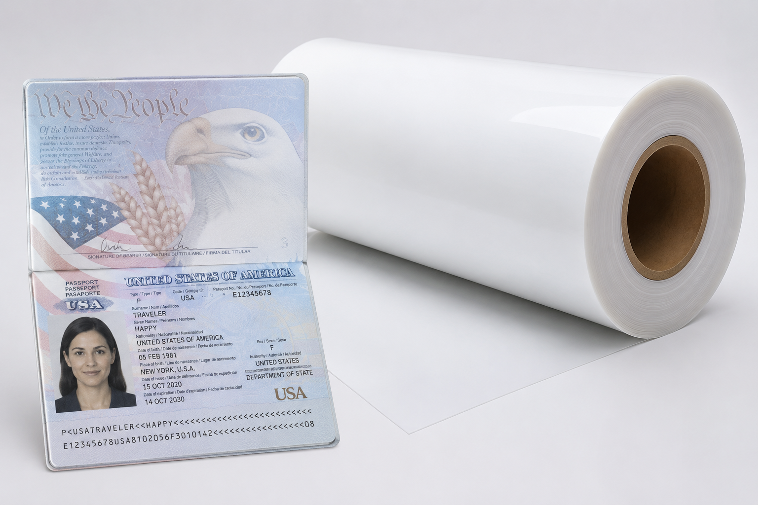 Rollo de película de policarbonato LEXAN™ SD8B24 junto a un pasaporte, utilizado para la fabricación de documentos de seguridad, credenciales y licencias de conducir.